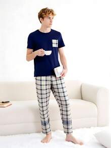 男士格子衬衫长裤两件套，青少年男孩休闲家居服 - 藏蓝色 - 查看 9