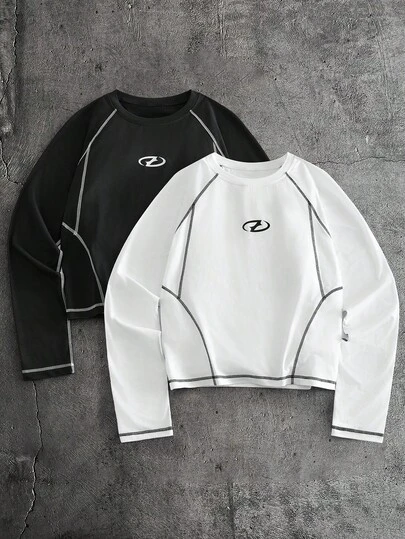 AXEPEAK 男士几何印花圆领长袖撞色滚边休闲T恤