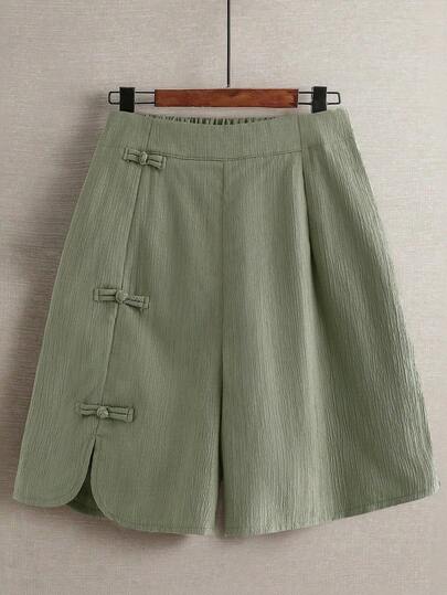 Linhara 大码女式夏季休闲、通勤及日常出行弹性腰圆边开衩设计中国结装饰纽扣短裤