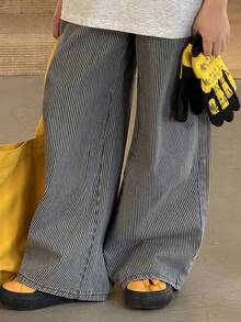 DAZY 青少年男童条纹口袋休闲百搭日常阔腿牛仔裤 - 藍色 - 查看 3