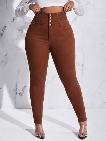 SHEIN SXY Plus Size Women Casual Everyday Commute Simple Versatile Solid Color Button Fly High Waist Skinny Jeans