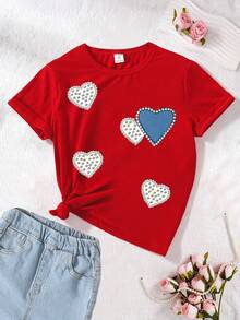 1件少女休闲时尚创意个性化清新别致简约牛仔效果爱心仿珍珠印花舒适基础款短款T恤，适合情人节及所有季节 - 酒紅色 - 查看 5