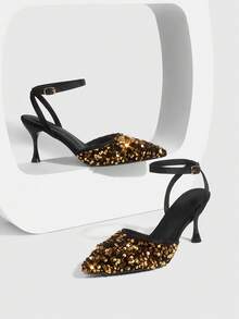 CUCCOO SZL Zapatos de mujer de tacón alto con diseño de lentejuelas brillantes para banquetes, fiestas y uso nocturno - Dorado - Ver 7