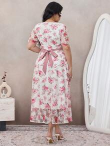 Modelyn Plus Size Lace Print Short Sleeve A-Line Bowknot Dress - Multicolor - View 2