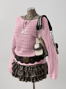 Sunspun Áo len dài tay dáng rộng, màu trơn, kiểu Bohemian/Y2K dành cho nữ, cỡ lớn, có họa tiết khoét lỗ, thích hợp cho kỳ nghỉ và mọi mùa. - Hồng - Xem 3