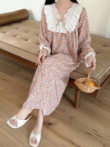 SHEIN 少女粉色碎花拼接白色领口荷叶边蝴蝶结可爱甜美公主风长袖连衣裙 - 粉色 - 查看 5
