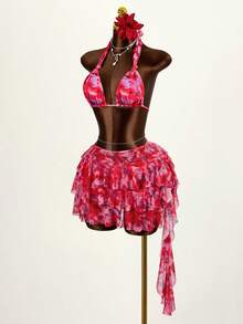 Elamini 女士夏季沙滩印花露背系带性感比基尼套装，含罩衫和裙子 - 紅色 - 查看 3