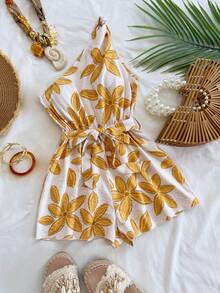 Soleia Bộ jumpsuit nữ kiểu dáng retro màu xanh trắng in họa tiết, lệch vai, eo xoắn, dáng rộng, thích hợp cho tiệc tùng, hẹn hò, mùa hè, đi biển, lễ hội âm nhạc. - Nhiều màu - Xem 1