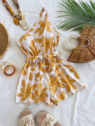 Soleia Mono holgado de una sola manga con estampado retro azul y blanco y cintura con efecto retorcido, adecuado para fiestas, citas, verano, playa y festivales de música