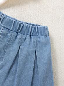 SHEIN Young Girl' Bow Embroidered Blue Denim Loose Shorts - Light Wash - View 4