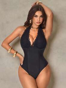 Shapewave Women's Lace Patchwork Halter Tie Strap One-Piece Swimsuit, Beach Vacation - Black - View 1