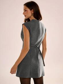 Avenya 女士纯色深V性感时尚收腰假口袋连衣裙 - 深灰色 - 查看 6