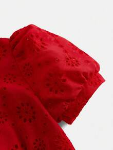 女孩優雅荷葉袖A字裙，紅色，夏季，緞面，派對，刺繡細節，適合節慶、戶外休閒場合 - 紅色 - 查看 3