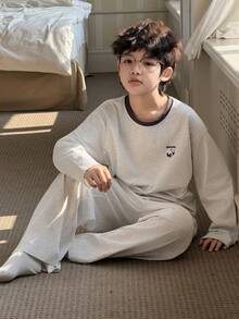 DAZY Tween Boy Cartoon Panda Letter Print Long Sleeve Top And Pants Pajama Set - Grey - View 1