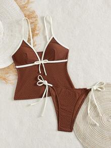 Swim Mod Women's Spring/Summer Beach Music Festival Textured Fabric V-Neck Knot Tie Cute Style Tankini Set - Coffee Brown - View 6