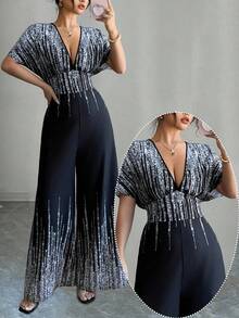 SHEIN Tall CURVE Bộ jumpsuit cỡ lớn thời trang dành cho người đi làm, phối màu tương phản. - Xanh đậm - Xem 1