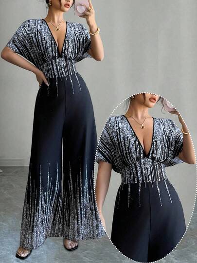 SHEIN Tall CURVE Plus Size Fashionable Commuter Contrast Color Print Jumpsuit