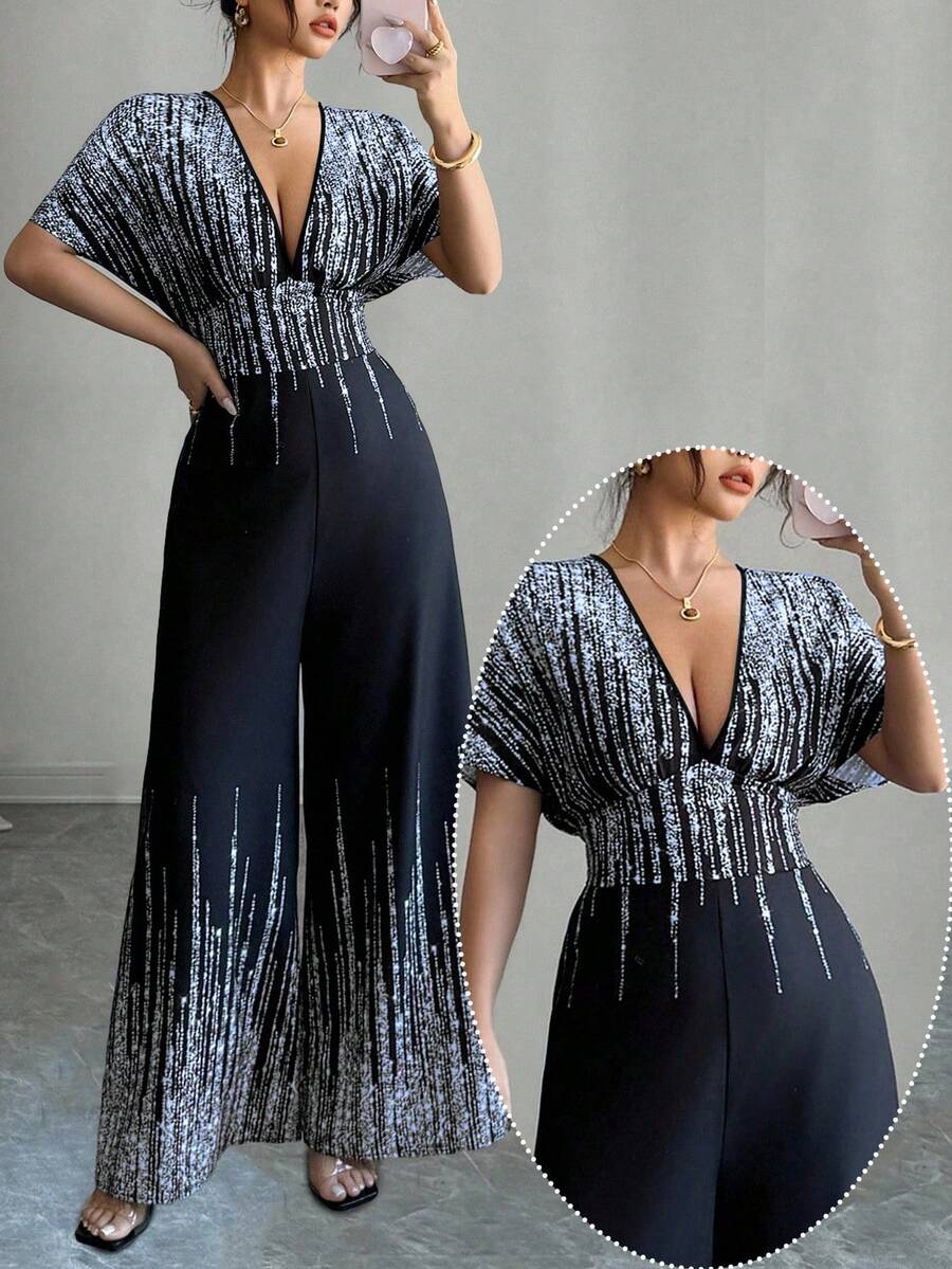 SHEIN Tall CURVE Bộ jumpsuit cỡ lớn thời trang dành cho người đi làm, phối màu tương phản. - Xanh đậm - Xem 1