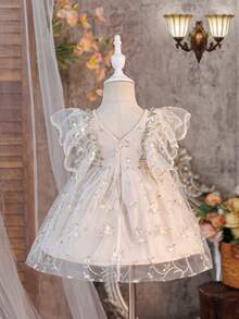 SHEIN Vestido elegante y lindo con volantes de tul bordado floral para niña bebé - Multicolor - Ver 9