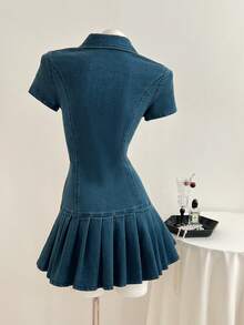 Elamini Women's Short Sleeve Zip Front Pleated Hem Casual Denim Dress - Dark Wash - View 2