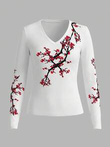 EMERY ROSE 女士V领印花修身长袖T恤 - 白色 - 查看 3