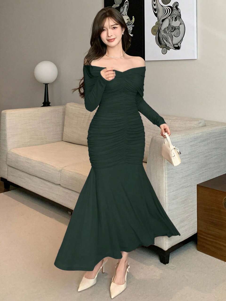 Elegant Solid Color Open Shoulder Ruched Midi Dress For Women, Spring/Summer Sundress Off The Shoulder