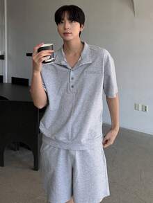 DAZY Men's Loose Gray Button-Up Half Placket T-Shirt Set, Summer - Grey - View 6