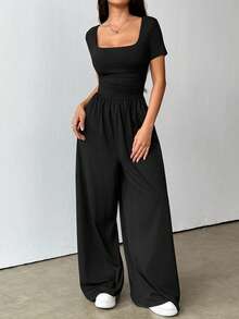 Flirla Women's Square Neck Sexy Casual Minimalist Wide Leg Short Sleeve Jumpsuit, Spring/Summer - Black - View 6
