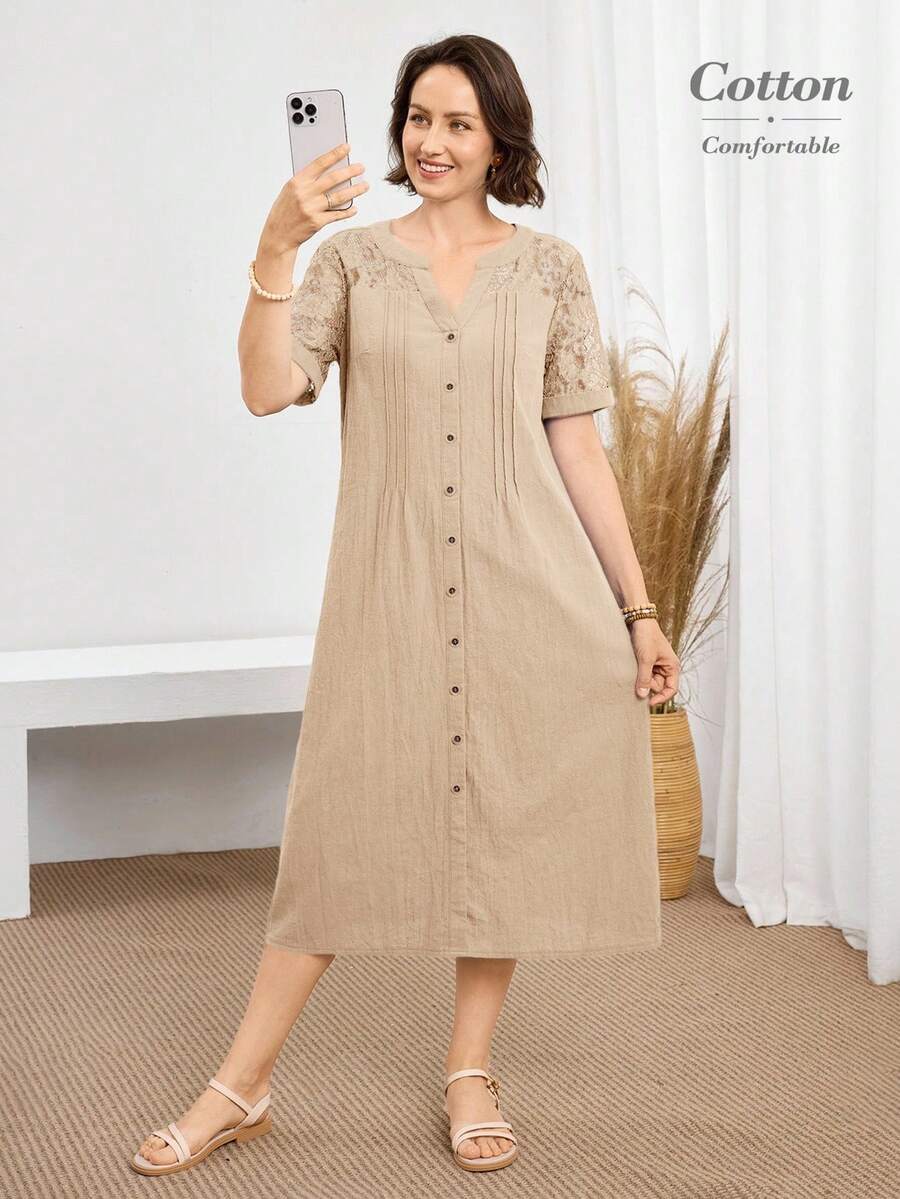 Miaspire 女士休闲V领蕾丝拼接中长连衣裙