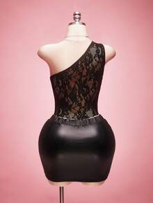SHEIN ICON Blouse sexy à une épaule en dentelle ajourée, grande taille Y2K - Noir - Voir 8