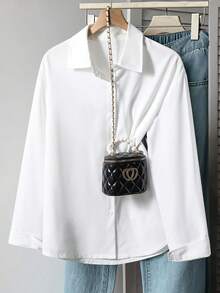 SHEIN Genkimix Kids Female Teenagers' Casual Fashion Lapel Shirt Button Placket Practical Version Loose, Comfortable, Soft, Practical And Versatile, Suitable For Autumn, Spring And Summer, Suitable For Daily Wear, Commuting, Outdoor Play, Sports, School, Streetwear, Parties And Photography - White - View 8