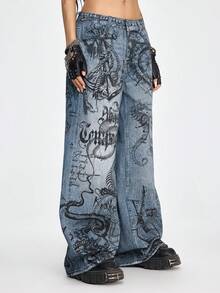 ROMWE Grunge Punk Nautical Punk Ocean Element Print Loose Wide-Leg Jeans