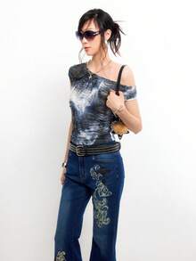 Bloopia Áo ôm dáng nhuộm tie-dye đen trắng dành cho nữ - Đen và trắng - Xem 4