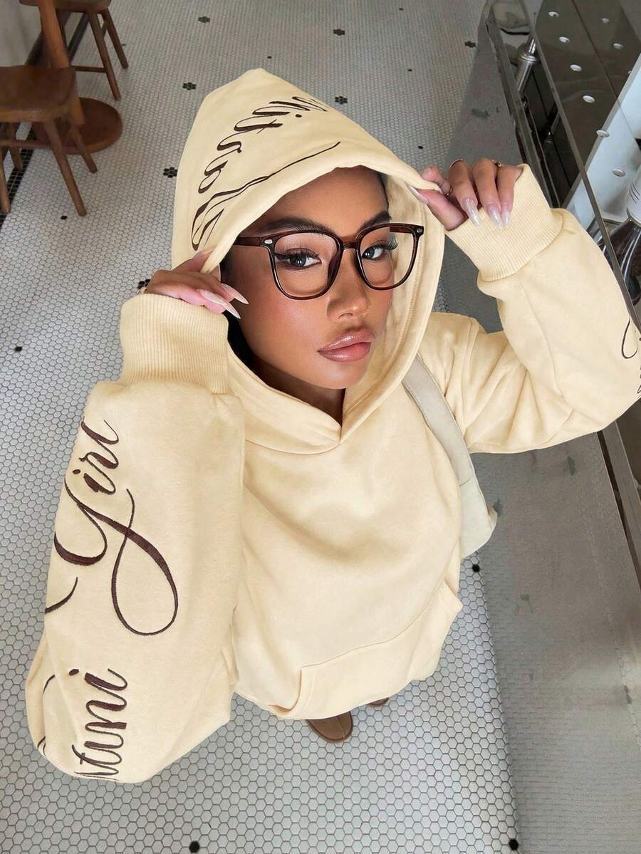 SHEIN EZwear 蛋黄色女式连帽刺绣卫衣 女式坏女孩服装 黄色卫衣 奶油黄服装 Y2K卫衣 - 淡黃色 - 查看 1