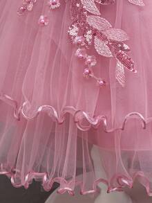 Glamorique Kids 女童粉色单肩连衣裙，饰有荷叶边和闪亮细节，高端儿童公主风，蓬蓬裙摆，前短后长设计，适合在钢琴表演、生日派对和时装秀上担任花童角色。 - 乾枯玫瑰色 - 查看 5