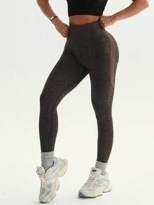 女士豹纹高腰休闲健身紧身裤 - 棕色 - 查看 5