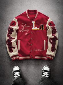 PAVTROS Áo khoác bóng chày nam phối màu tương phản, thêu chữ, áo khoác đặt may, áo khoác Letterman, áo khoác Varsity nam, áo khoác LA. - Đỏ - Xem 6