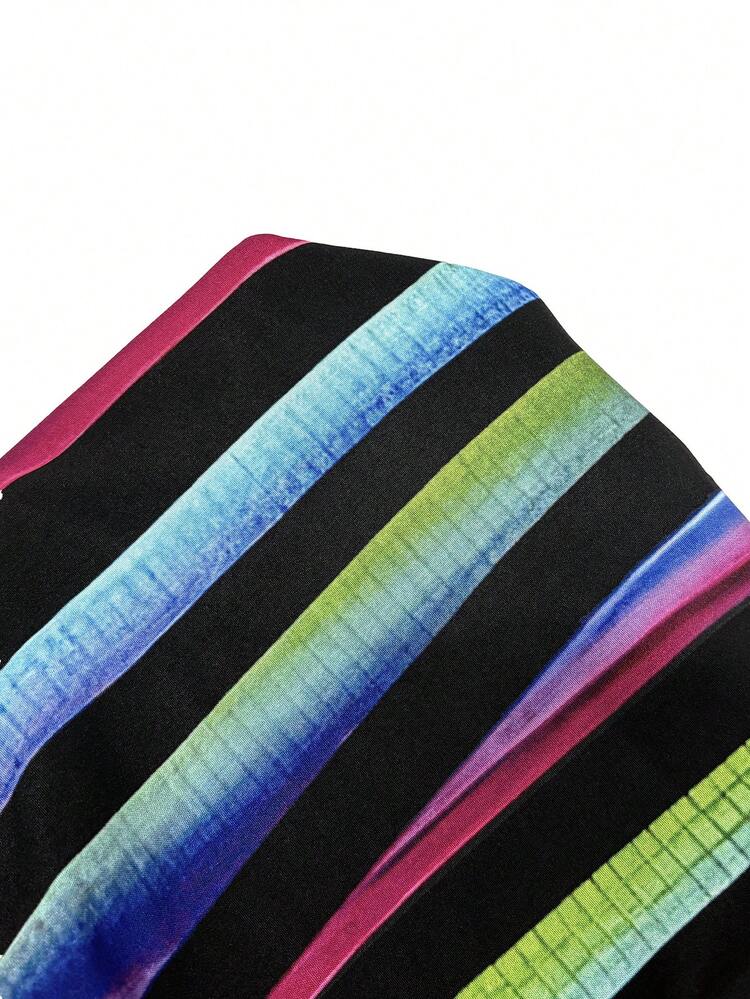 Plus Size Women's Summer  Casual Vacation Colorful Striped Print Shirt And Pants 2 Pieces Set, Summer Casual,Early Spring,Spring Break Outfits ,Vacation Outfits Women ,Holiday Outfits For Women,Spring Clothes Women,Going Out Outfits,2026 New Clothes,Simple And Fashionable For Everyday Wear, Plus Size 2 Piece Sets, Two Piece Pant Set, Multicolor Two Piece Set Women, Striped Two Piece Set, Curve Pants Set, Plus Size Two Piece Pant Set