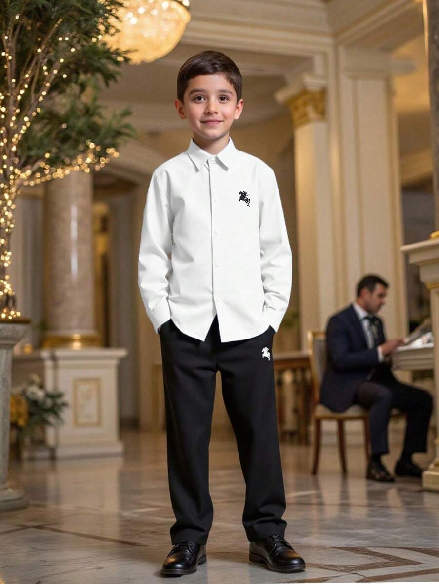 2 pièces/Set Chemise et pantalon bleu clair minimaliste décontracté pour garçons. Tenue de gentleman, convient pour le port quotidien, les occasions formelles et les rassemblements - Noir - Voir 1