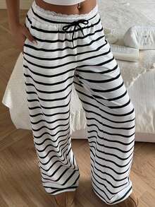 SHEIN EZwear 女士条纹蕾丝边抽绳腰带口袋休闲百搭阔腿裤 - 黑色 - 查看 6