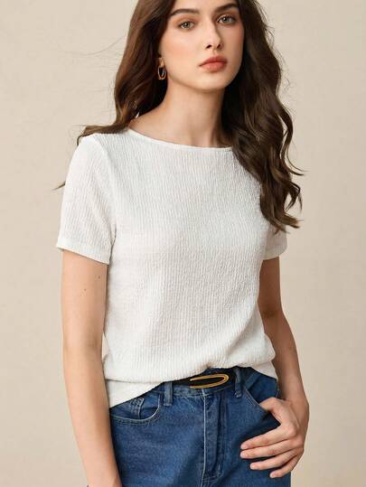 BizChic Women's Solid Color Short Sleeve T-Shirt, Modern Elegant Urban Commute Everyday Versatile