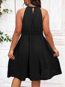 Celure Plus Swiss Dot Halter Neck Dress - Black - View 2