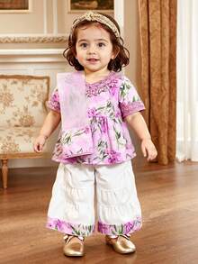 夏季新款时尚可爱女宝宝两件套：V领短袖荷叶边上衣+宽松A字喇叭裤，配围巾 - 粉色 - 查看 1