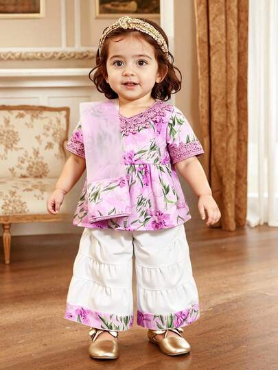 夏季新款时尚可爱女宝宝两件套：V领短袖荷叶边上衣+宽松A字喇叭裤，配围巾