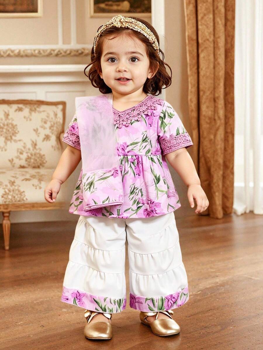 夏季新款时尚可爱女宝宝两件套：V领短袖荷叶边上衣+宽松A字喇叭裤，配围巾 - 粉色 - 查看 1