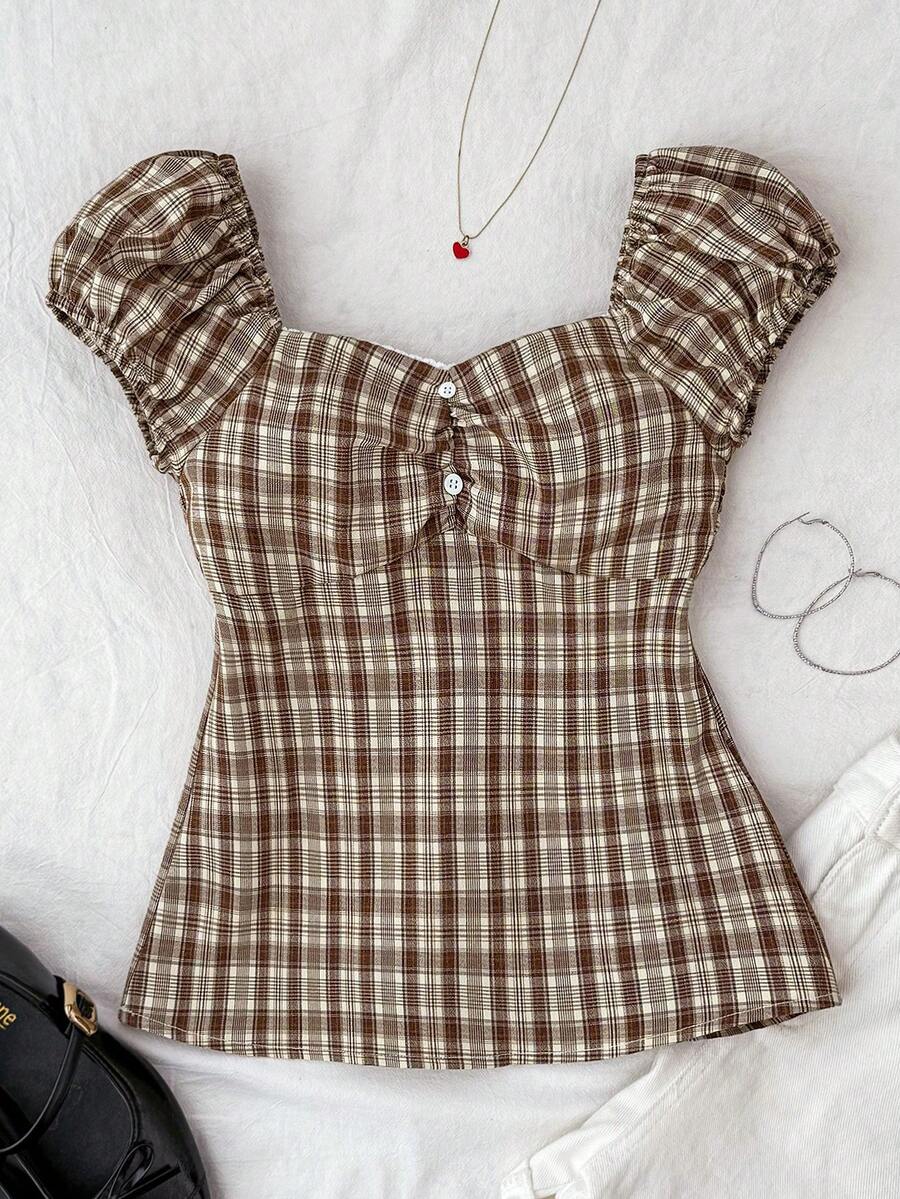 SHEIN Tween Girls' Brown & Khaki Plaid Retro Elegant Cute Versatile Sleeveless Blouse Shirt Top, Spring/Summer Babydoll Top Brown Top Square Neck Top Plaid Top Puff Sleeve Top - Brown - View 1
