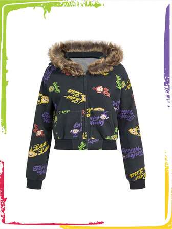 Teletubbies X ROMWE Damen Lustiger Vintage Y2K Patchwork Kunstpelzkragen Sweatshirt