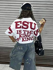 Rovax Women's Letter Print White Casual Versatile Short Sleeve Shirt