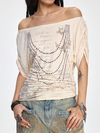 Grunge Punk Y2K sexy Matrosen-Muster Off-Shoulder Damen Kurzarm T-Shirt Top