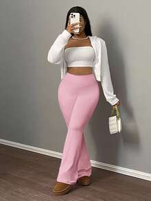 Slaydiva 女士纯色高腰弹力收腹瑜伽裤 - 粉色 - 查看 4